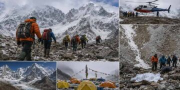 Rescue workers searching for missing climbers on Yalung Ri mountain in Nepal.