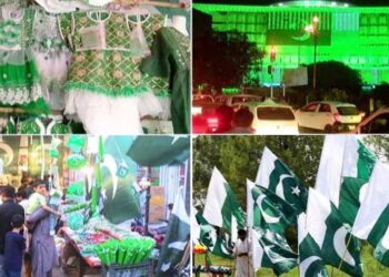 Pakistani markets decorated with national flags and green-and-white merchandise ahead of Independence Day.