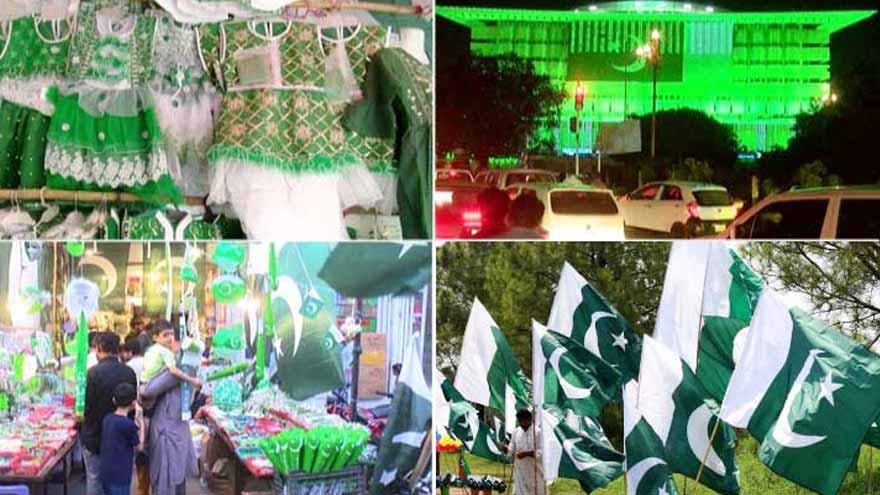 Pakistani markets decorated with national flags and green-and-white merchandise ahead of Independence Day.