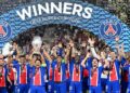 PSG players celebrate after beating Aston Villa in the UEFA Super Cup final.