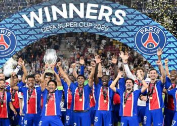 PSG players celebrate after beating Aston Villa in the UEFA Super Cup final.