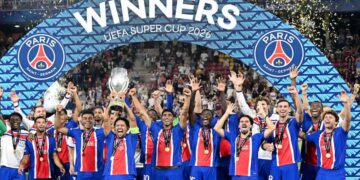 PSG players celebrate after beating Aston Villa in the UEFA Super Cup final.