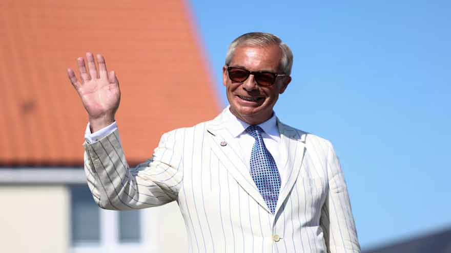 Nigel Farage and Count Binface during the Clacton by-election campaign in southern England.