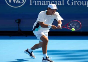 Brandon Nakashima celebrates after defeating Daniil Medvedev in Cincinnati
