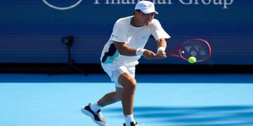 Brandon Nakashima celebrates after defeating Daniil Medvedev in Cincinnati