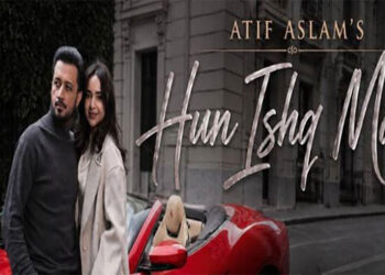 Atif Aslam and Yumna Zaidi pose beside a sports car for the Hun Ishq Main music video.