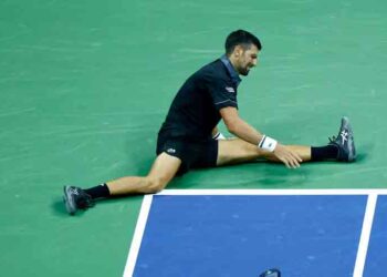 Novak Djokovic during his first-round US Open match against Argentine tennis player Mariano Navone.