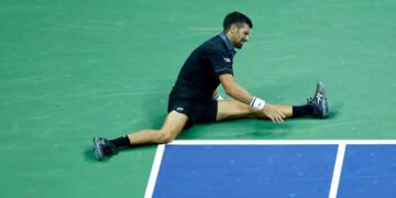 Novak Djokovic during his first-round US Open match against Argentine tennis player Mariano Navone.