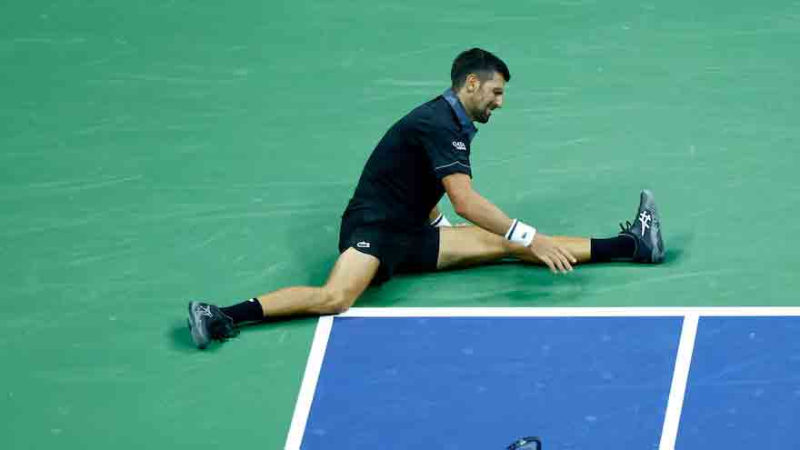 Novak Djokovic during his first-round US Open match against Argentine tennis player Mariano Navone.