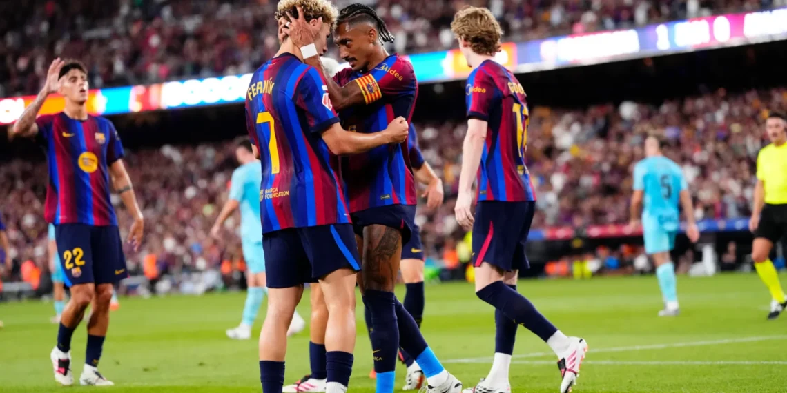 Barcelona players celebrate during their 2-0 LaLiga win over Athletic Bilbao at Camp Nou