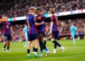 Barcelona players celebrate during their 2-0 LaLiga win over Athletic Bilbao at Camp Nou