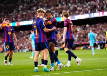 Barcelona players celebrate during their 2-0 LaLiga win over Athletic Bilbao at Camp Nou