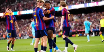 Barcelona players celebrate during their 2-0 LaLiga win over Athletic Bilbao at Camp Nou