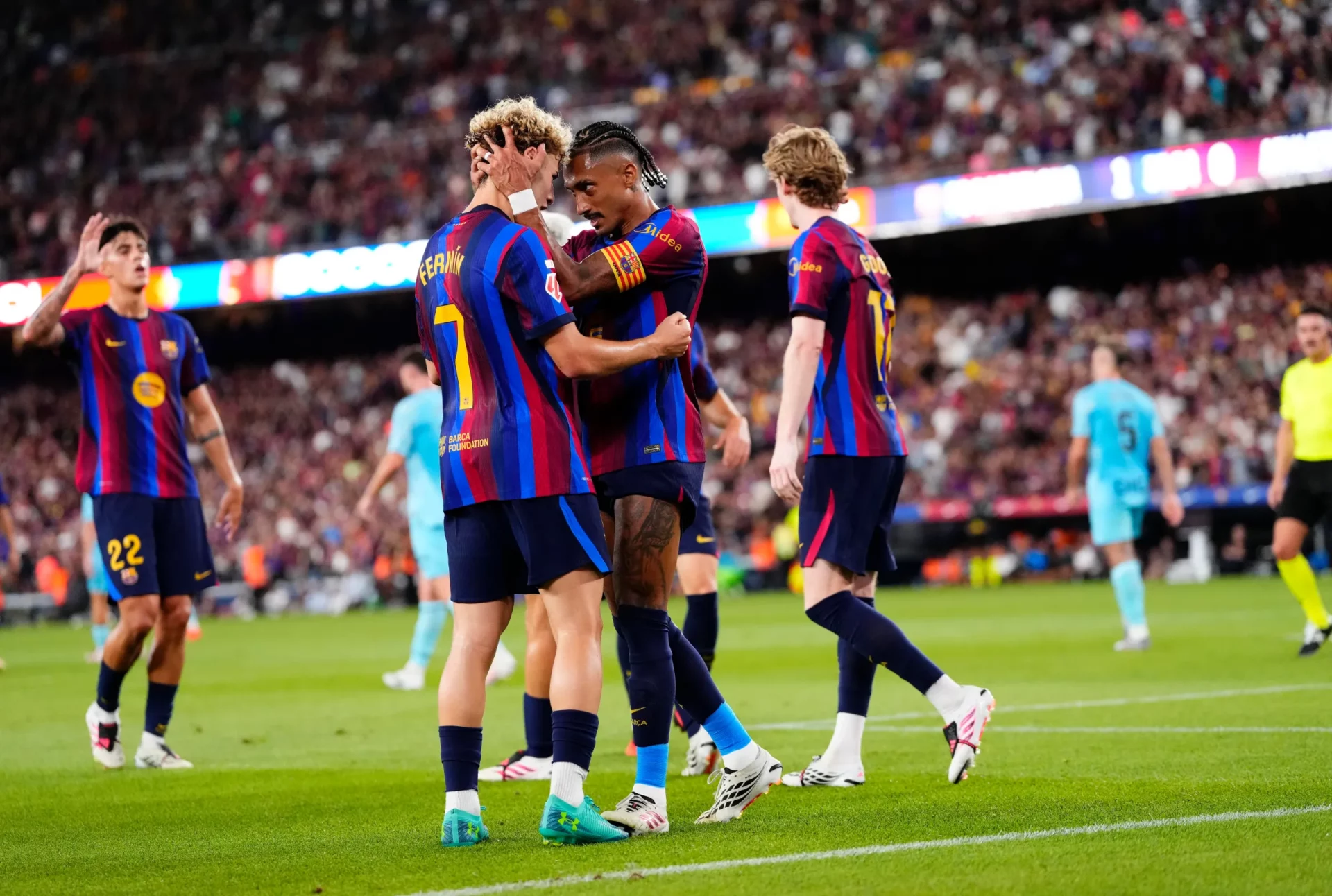 Barcelona players celebrate during their 2-0 LaLiga win over Athletic Bilbao at Camp Nou