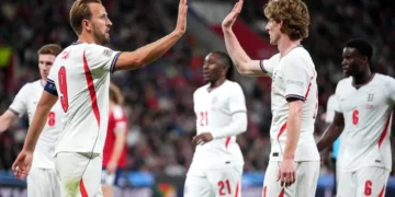 Harry Kane celebrates scoring for England against Czech Republic in Nations League