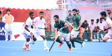 Pakistan volleyball players during their Asian Games match against Uzbekistan