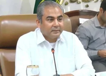 Interior Minister Mohsin Naqvi speaking at a press conference about Khyber-Pakhtunkhwa security.