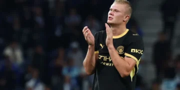 Erling Haaland celebrates during Manchester City’s Champions League victory over Porto