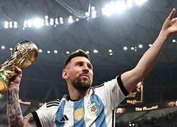 Lionel Messi wearing Argentina colours during his international football career