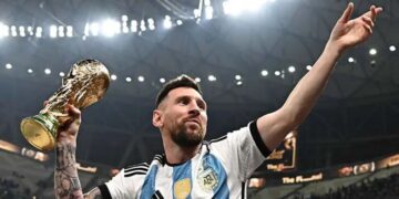 Lionel Messi wearing Argentina colours during his international football career