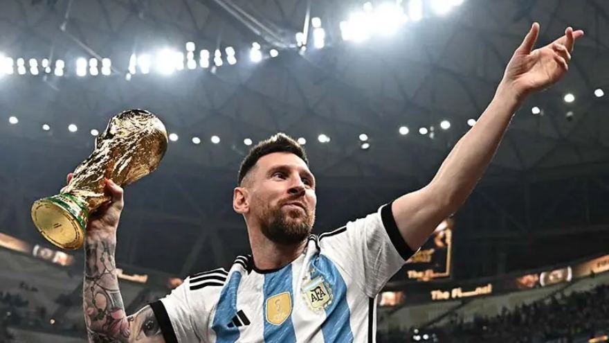 Lionel Messi wearing Argentina colours during his international football career