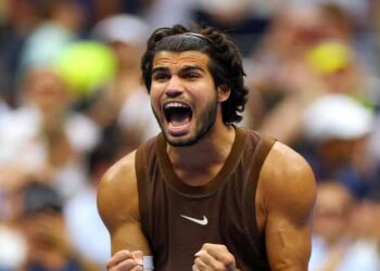 Carlos Alcaraz competing at the 2026 US Open after returning from a wrist injury