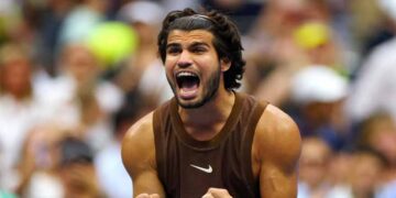 Carlos Alcaraz competing at the 2026 US Open after returning from a wrist injury