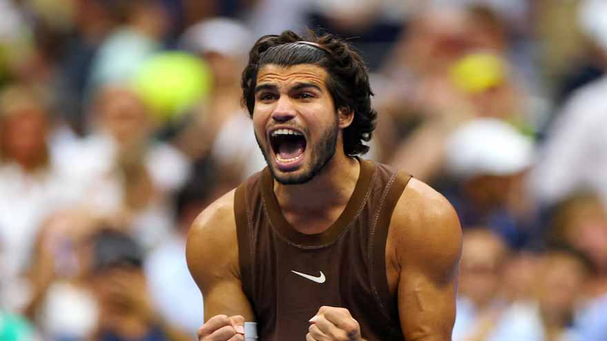 Carlos Alcaraz competing at the 2026 US Open after returning from a wrist injury