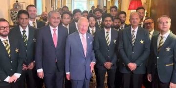 King Charles meeting Pakistan cricket team players and officials at Clarence House in London