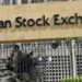 Pakistan Stock Exchange building as KSE-100 Index falls during early trading.