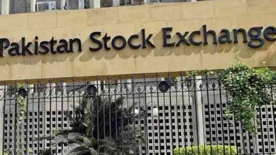 Pakistan Stock Exchange building as KSE-100 Index falls during early trading.