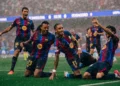 Raphinha celebrates during Barcelona’s 5-1 Champions League victory over Feyenoord.