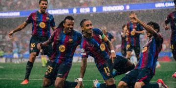 Raphinha celebrates during Barcelona’s 5-1 Champions League victory over Feyenoord.