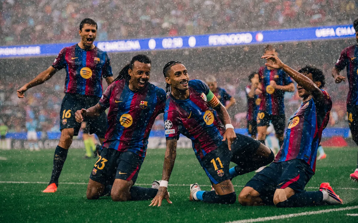 Raphinha celebrates during Barcelona’s 5-1 Champions League victory over Feyenoord.