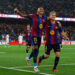 Raphinha celebrates his hat-trick during Barcelona’s 7-2 win over Racing Santander.