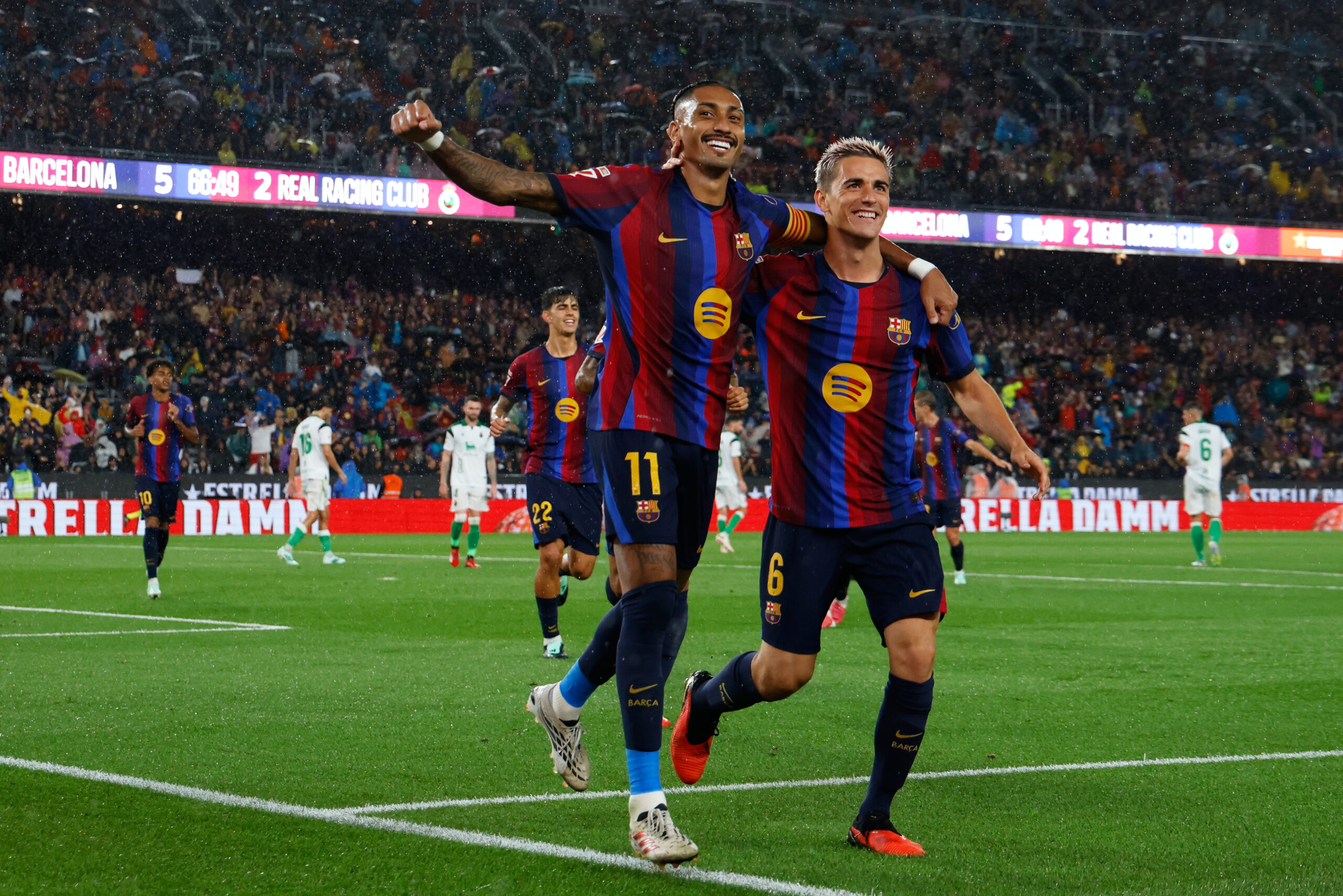 Raphinha celebrates his hat-trick during Barcelona’s 7-2 win over Racing Santander.