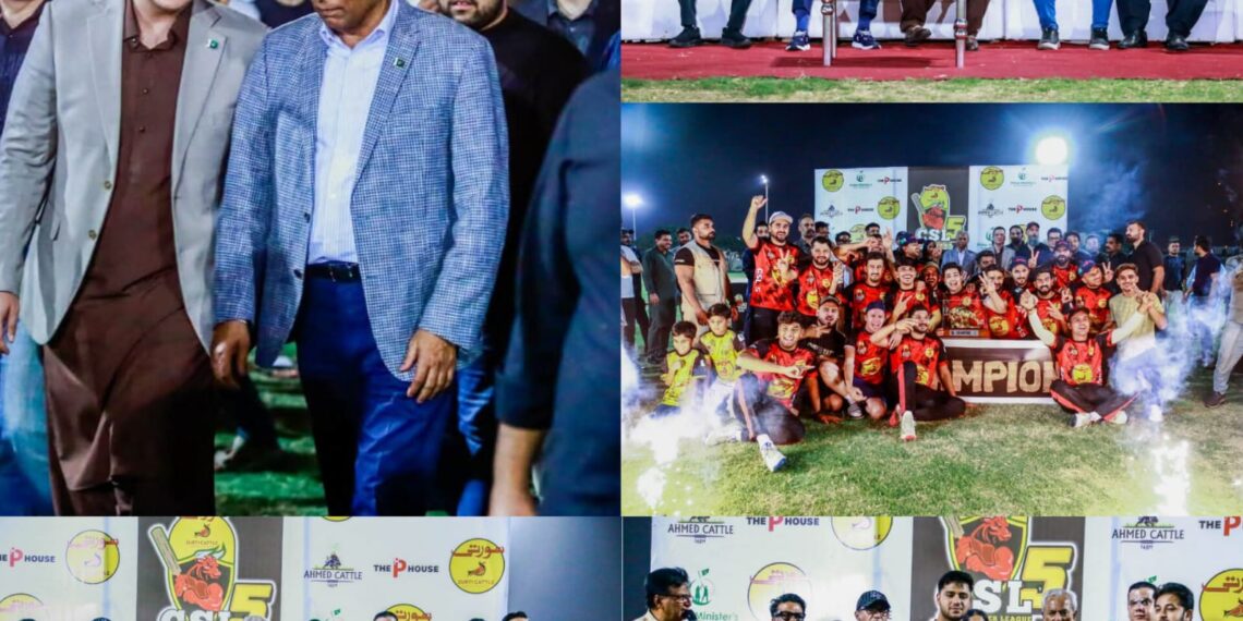 Sindh Governor Syed Nehal Hashmi presents the Cattle Super League Season 5 trophy to the winning Surti Cattle Farm team.