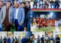 Sindh Governor Syed Nehal Hashmi presents the Cattle Super League Season 5 trophy to the winning Surti Cattle Farm team.