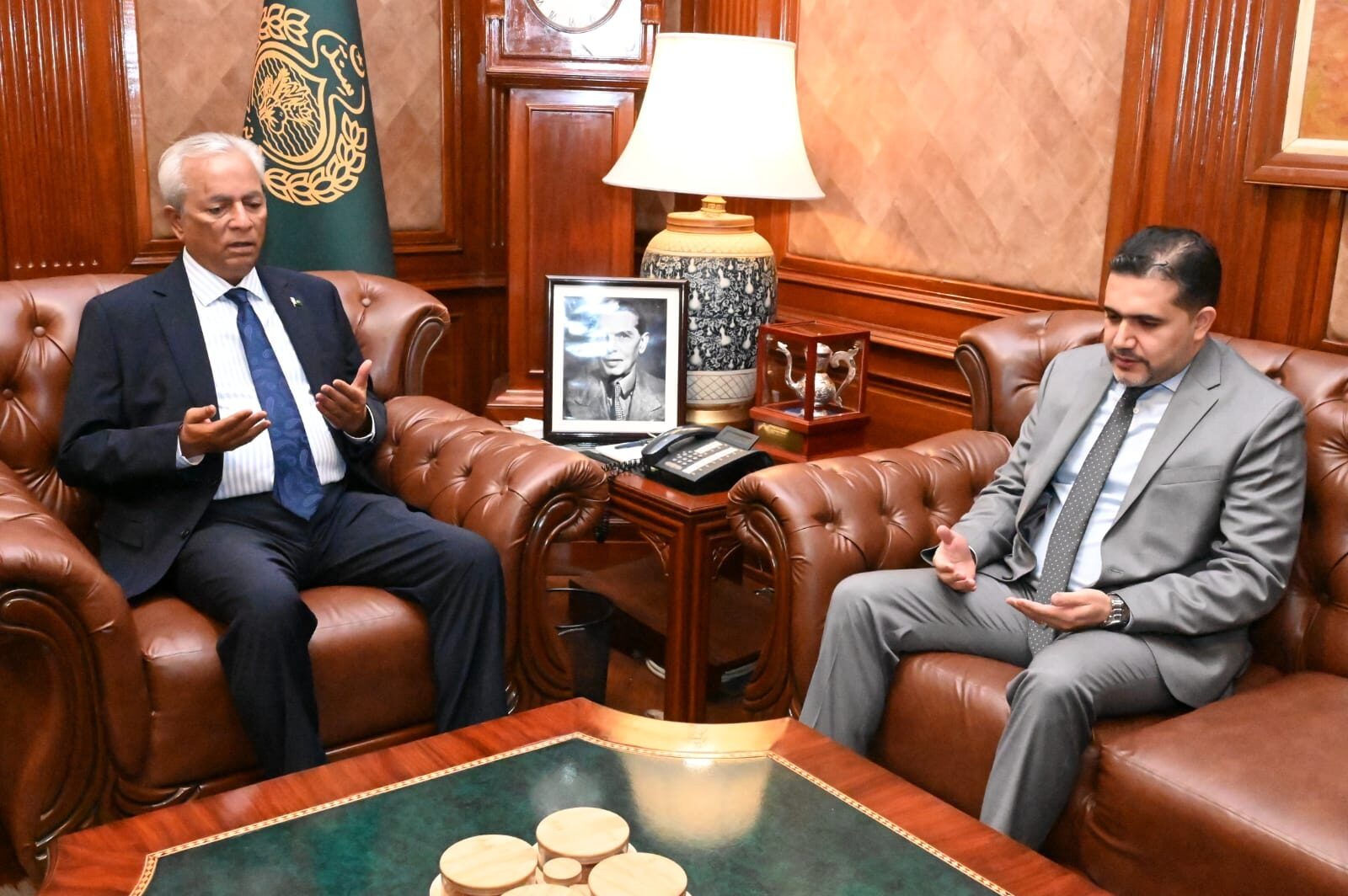 Governor Sindh Syed Muhammad Nehal Hashmi meeting Iraqi Acting Consul General Abul Hakam Adnan Sadiq at Governor House Karachi.