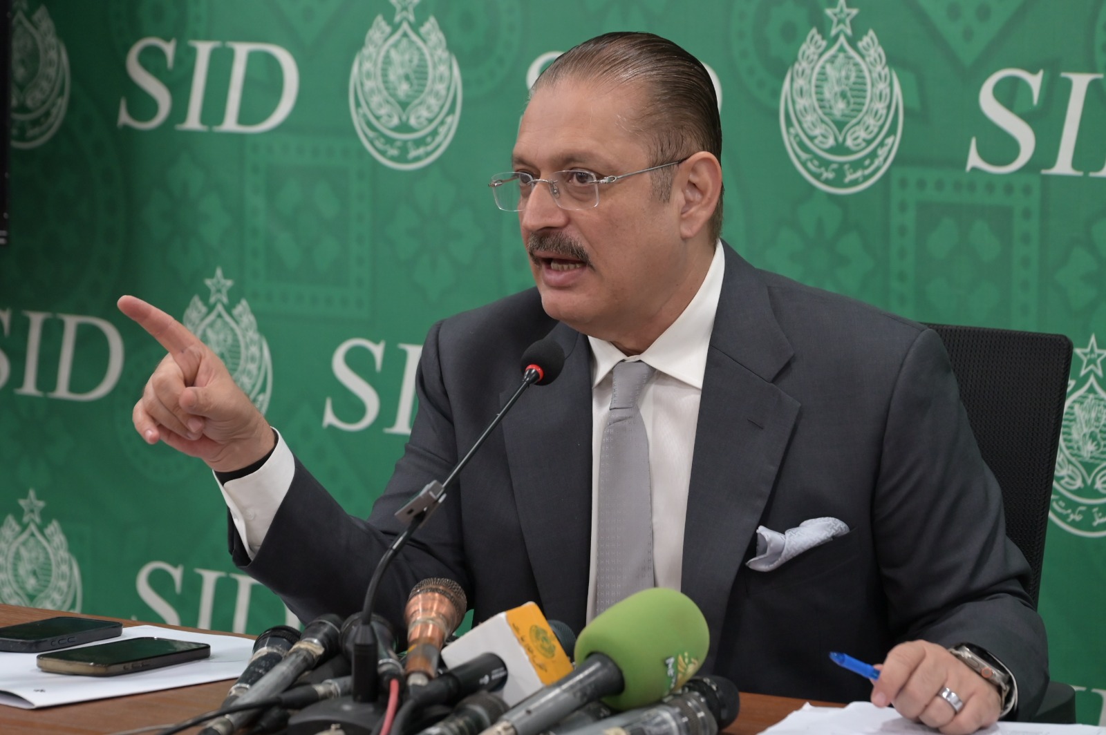 Sharjeel Inam Memon addressing a press conference in Karachi on September 24 2026