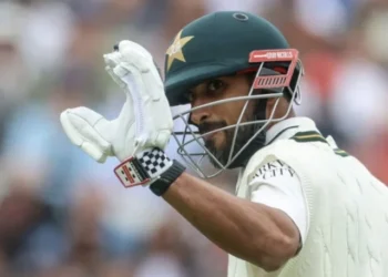 Pakistan batter Razaullah Khan celebrates during the final Test against England at Edgbaston.