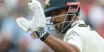 Pakistan batter Razaullah Khan celebrates during the final Test against England at Edgbaston.
