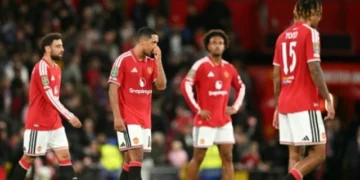 Michael Carrick during Manchester United’s League Cup defeat against Brighton.