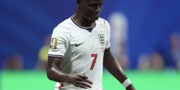 Bukayo Saka playing for England football team