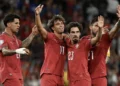 Joao Felix celebrates after scoring for Portugal against Wales in the Nations League.