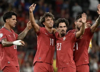 Joao Felix celebrates after scoring for Portugal against Wales in the Nations League.
