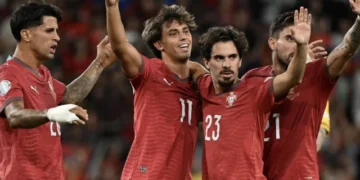 Joao Felix celebrates after scoring for Portugal against Wales in the Nations League.