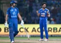 Sanju Samson celebrates after scoring a rapid fifty for India against Afghanistan.