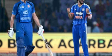 Sanju Samson celebrates after scoring a rapid fifty for India against Afghanistan.