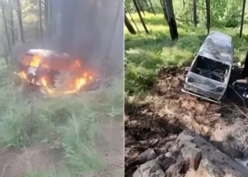 School van carrying children catches fire after plunging into a ravine on Angoori Road in Murree